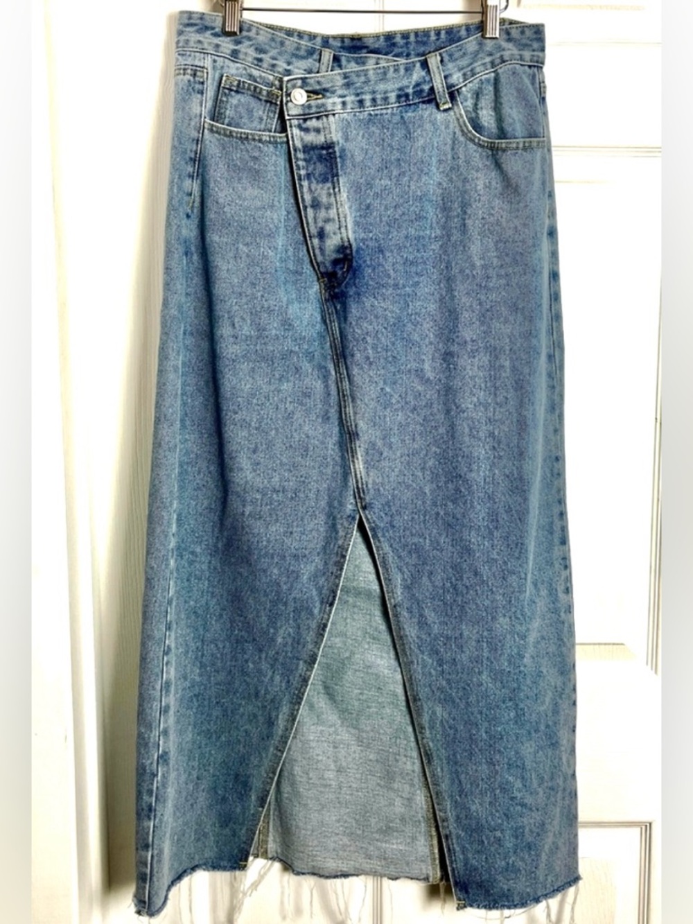 Vintage Beige Botany Denim Maxi Skirt Crossover Waist Front Slit Blue Jean • L